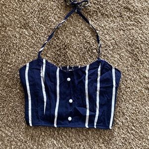 Blue and White Crop Top Ties Around Neck